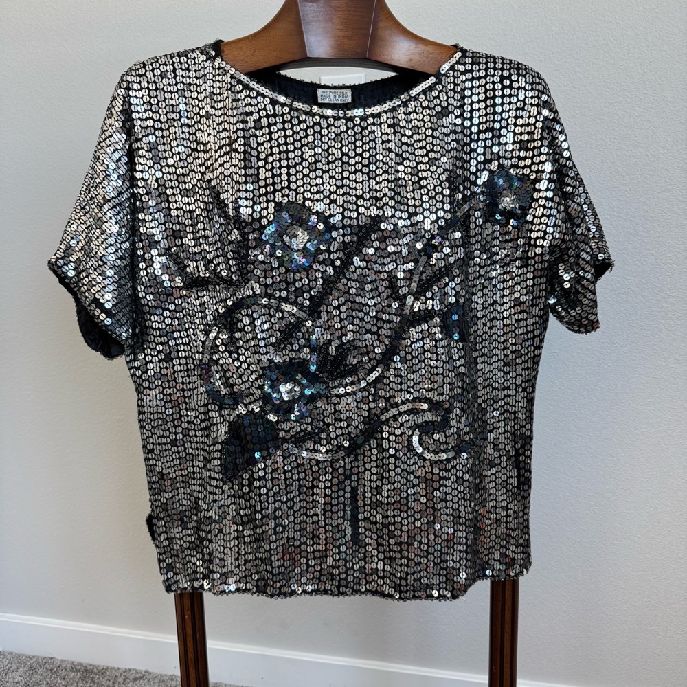 VTG 100% Silk Sequin Beaded Floral Top Black Silver Handmade India Size L